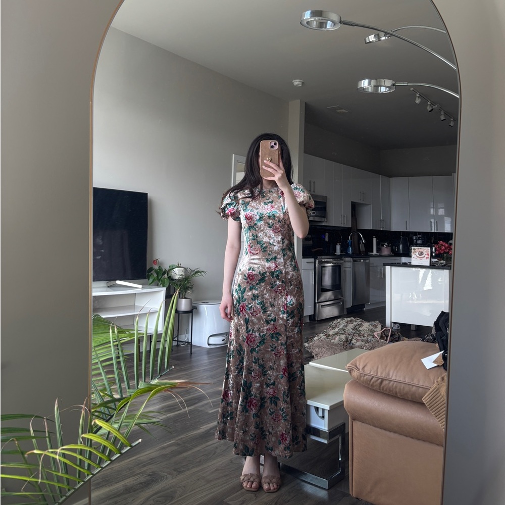 Chic Floral Patterned Velvet Maxi Dress